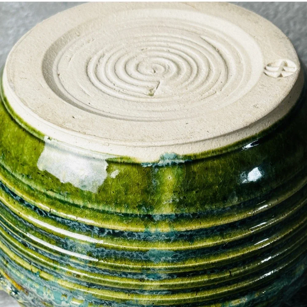Studio Pottery Lidded Canister Green Brown Glaze Rustic Stoneware Crock Tureen